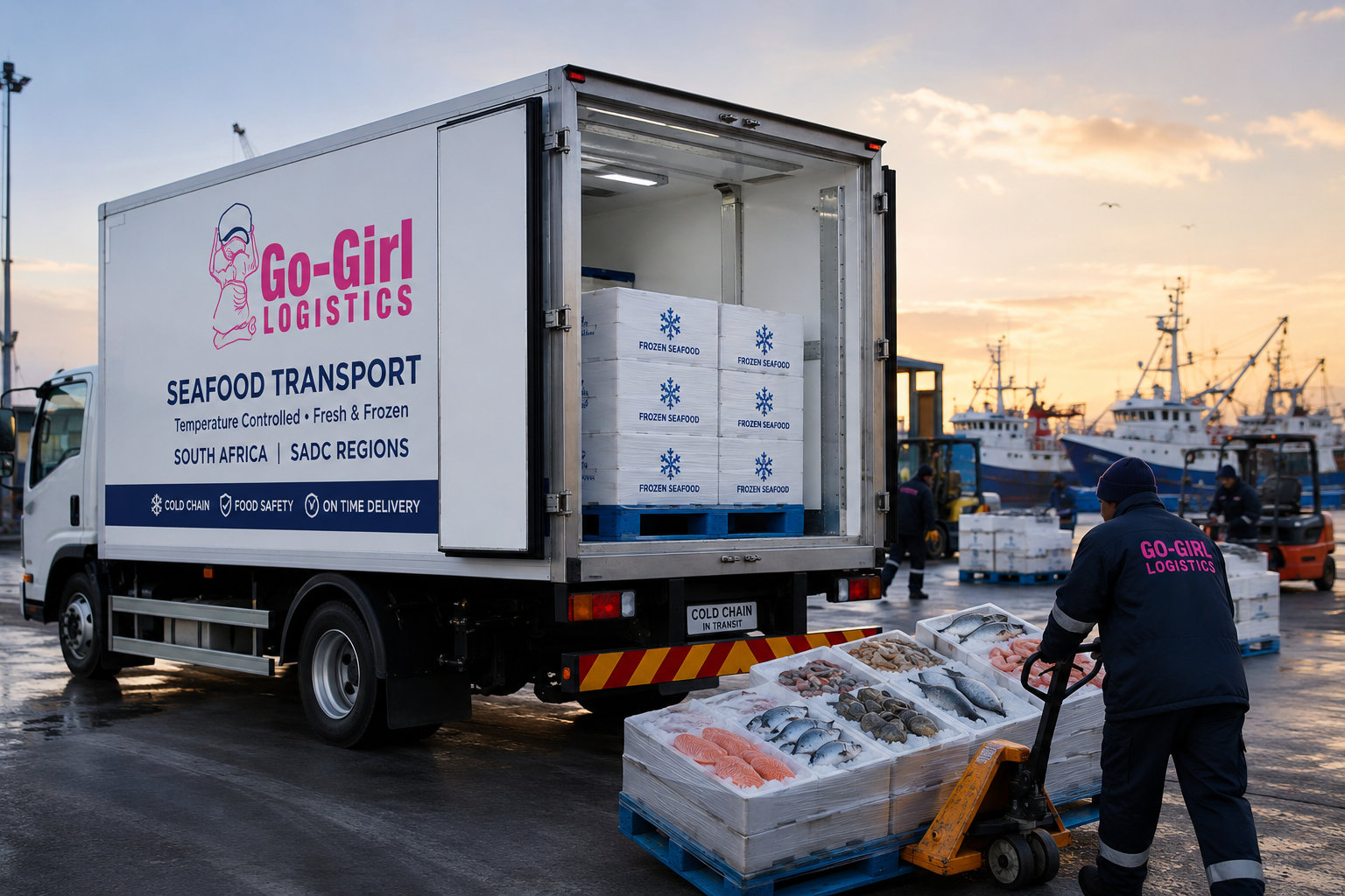 Temperature-controlled seafood transport truck loading fresh and frozen seafood in South Africa.